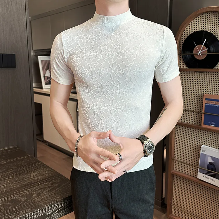 高级感提花半高领打底衫男士痞帅秋季新款韩版中领短袖T恤男内搭