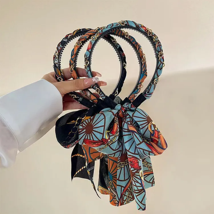 新疆包邮复古链条发箍一体飘带发箍发带头饰时尚编织手工发箍缎面商品图