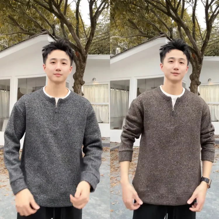 冬季绵羊毛加绒半拉链假两件卫衣老钱风格时尚百搭保暖圆领打底衫