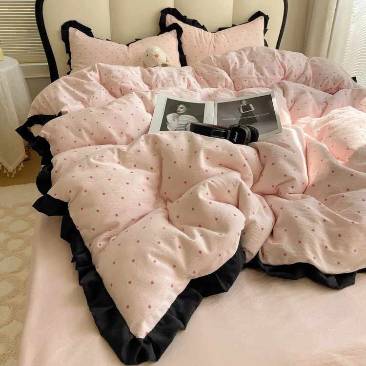 韩式花边2025新款双层纱舍床单三件套非全棉纯棉四件套被套学生宿