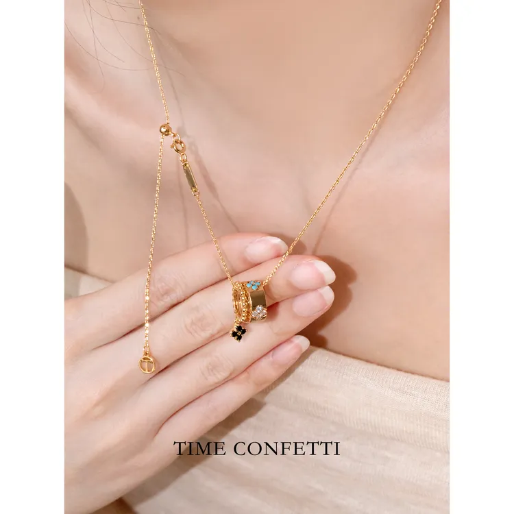 黄铜项链 镀K金【孙二娘】环环-多彩四叶草精致毛衣链项链TC 11790