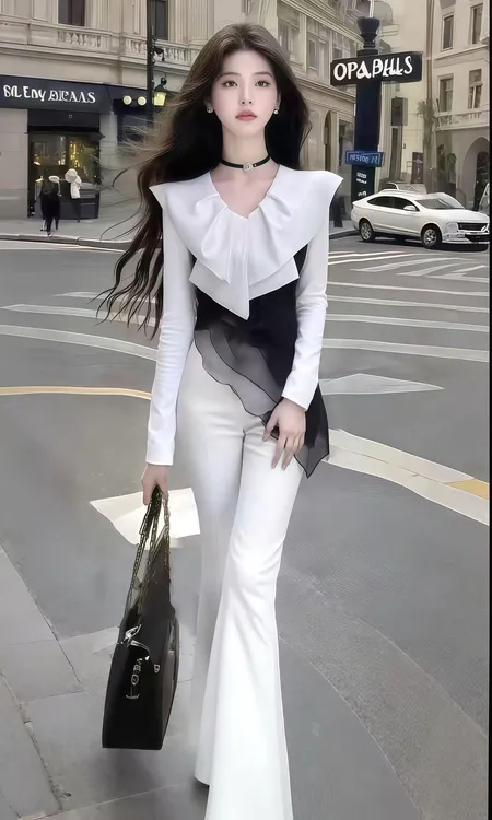 轻奢时尚高端大气白色V领修身长袖上衣+包臀长裙两件套氛围感套装