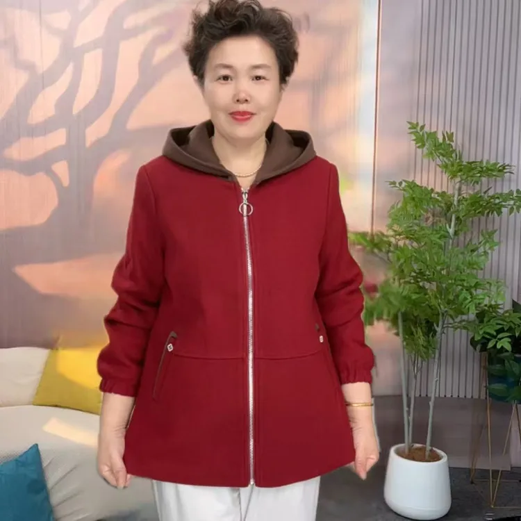 春秋大码中老年时尚外套连帽加厚妈妈装女士拼色休闲洋气夹克外套