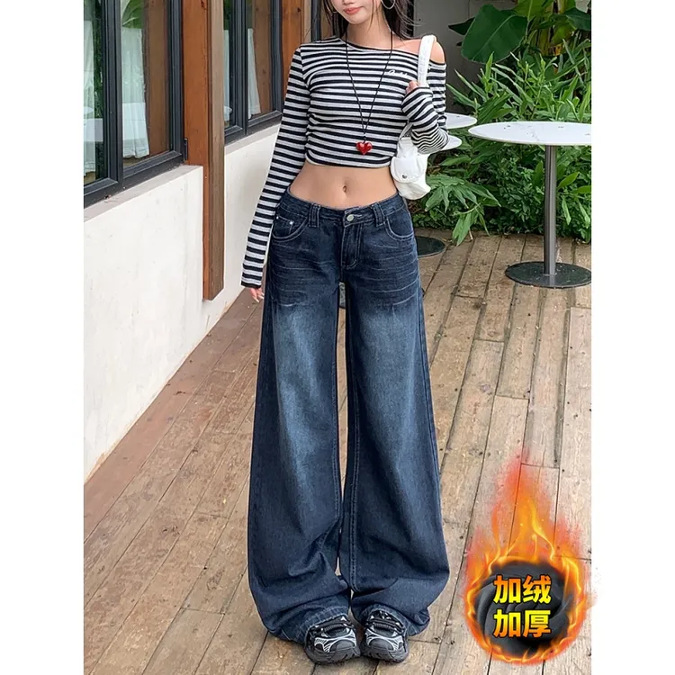 复古深蓝灰阔腿牛仔裤女秋冬新款显瘦加绒宽松低腰不贴腿直筒长裤