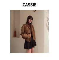 CASSIE枫叶焦糖复古棕咖色麂皮外套海军领俏皮加棉外套