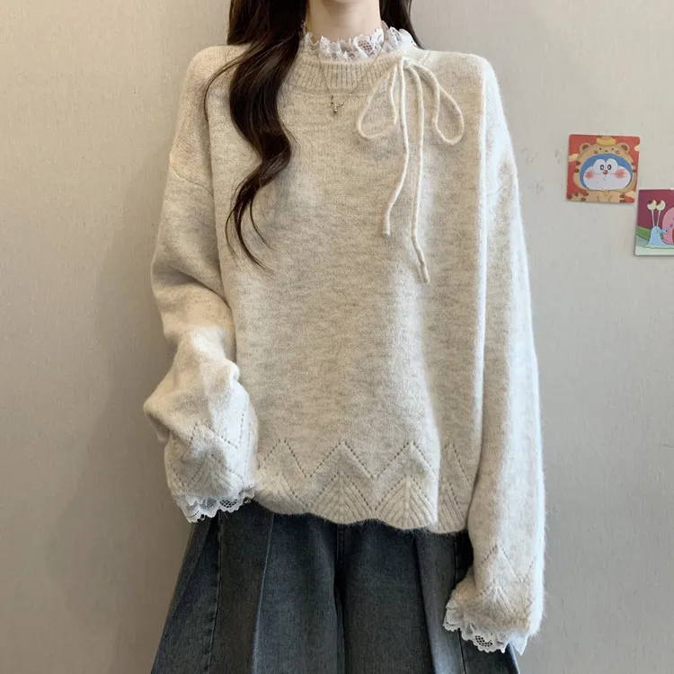 高级感蕾丝打底衫女内搭上衣潮冬季新款大码宽松时髦气质针织毛衣