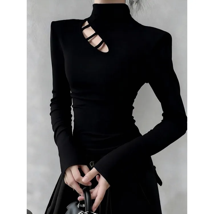 半高领打底衫女秋冬加绒内搭修身长袖t恤镂空设计感别致绝美上衣