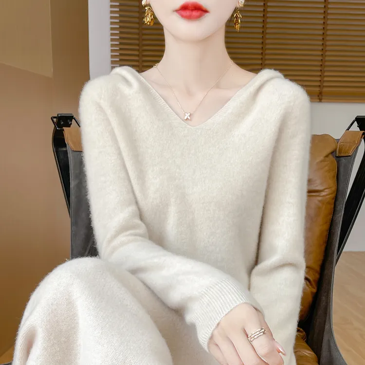 一线无缝连帽100%羊毛衫女款宽松显瘦套头针织衫洋气减龄休闲毛衣