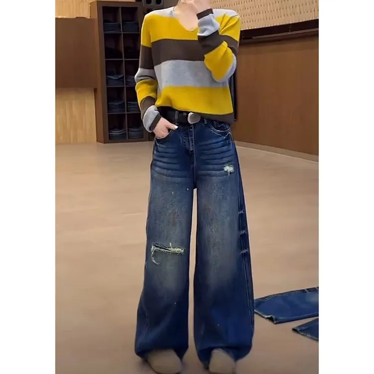 复古蓝色破洞牛仔裤女2025年秋季新款高腰显瘦宽松梨形身材阔腿裤