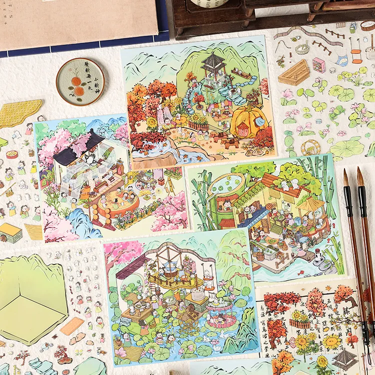 【悦真】国风别院3D微缩造景贴纸可爱立体小屋场景diy贴画解压手工