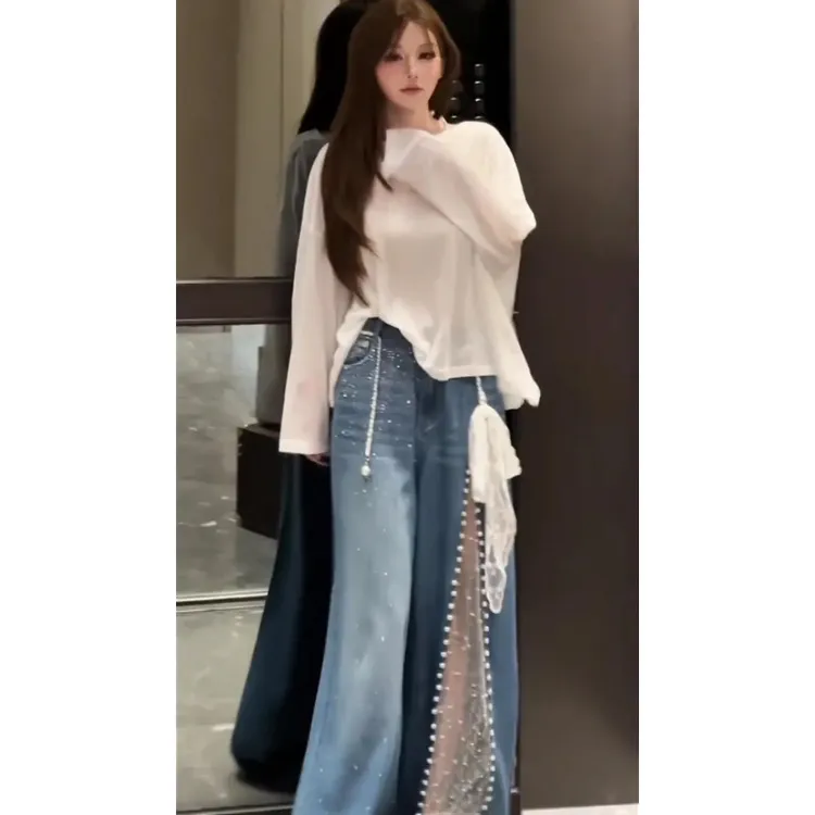 2025夏季设计感小众宽松露背别致上衣镂空蕾丝牛仔裤百搭两件套女