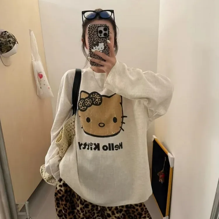 【6R运补】松弛感减龄印花KT猫女夏季宽松薄款微透凉感长袖t恤上衣