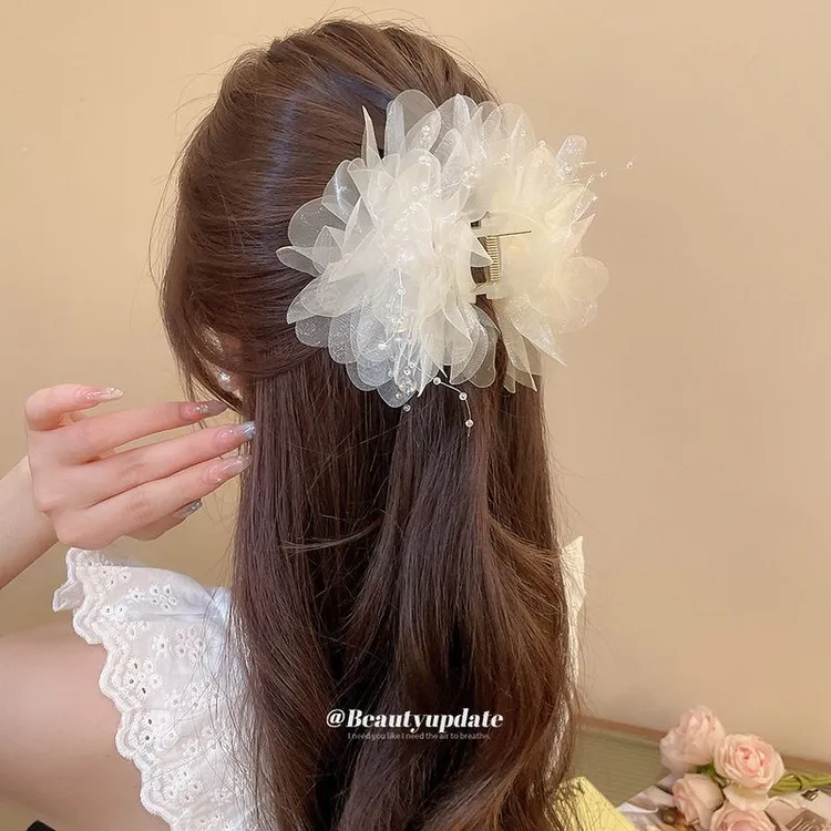 网纱满天星花朵发夹显发量百搭后脑勺鲨鱼夹优空气刘海固定发夹
