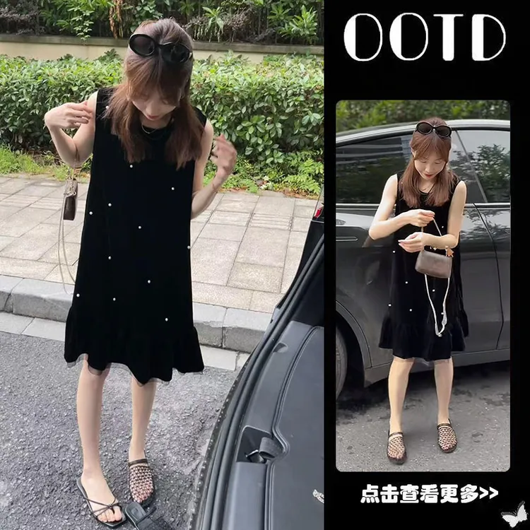 美式复古简约百搭重工钉珠丝绒无袖背心裙女宽松显瘦小众连衣裙