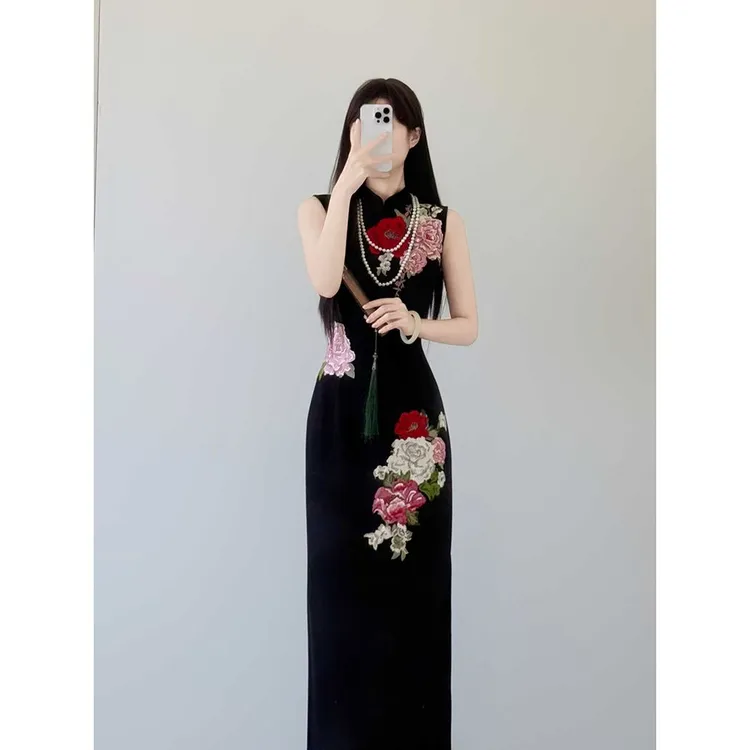 【9821】新中式改良国风刺绣复古黑色夏季显瘦修身百搭气质旗袍长裙