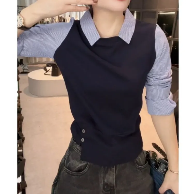 秋款衬衫领假两件时尚百搭长袖显瘦上衣LK2506680