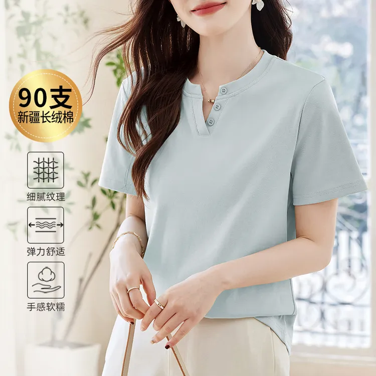 正肩亨利领短袖t恤女2025夏季新款爆款休闲纯色洋气减龄时尚半袖