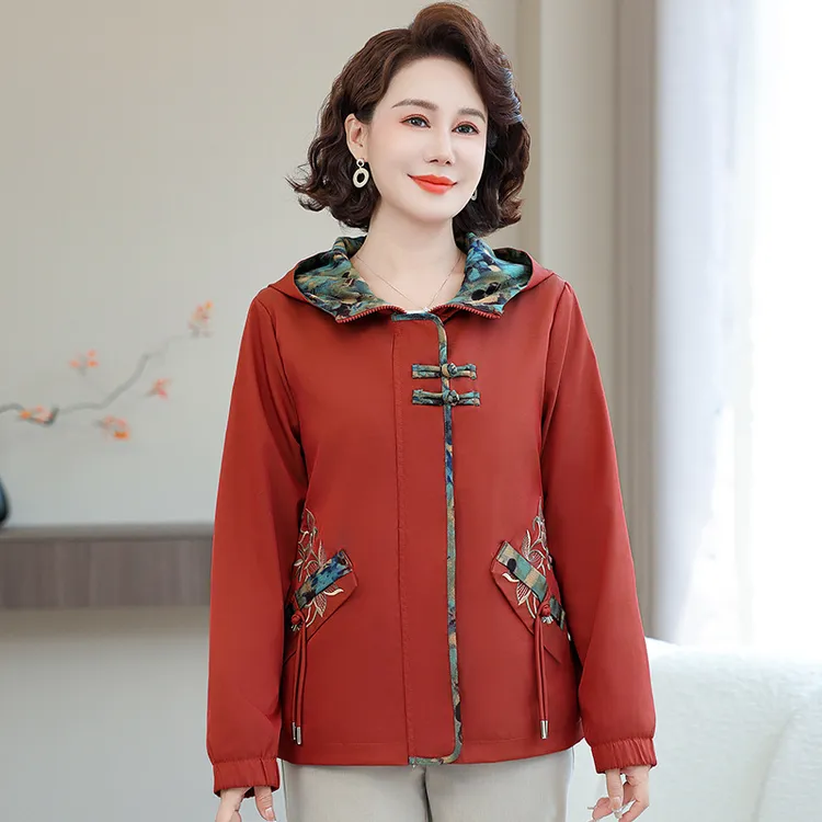 中老年人女装春秋款连帽上衣2025新款50岁妈妈春装新中式国风外套