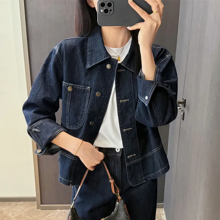 春季新款纯棉牛仔外套高端女装翻领宽松短款设计感工装时尚夹克女