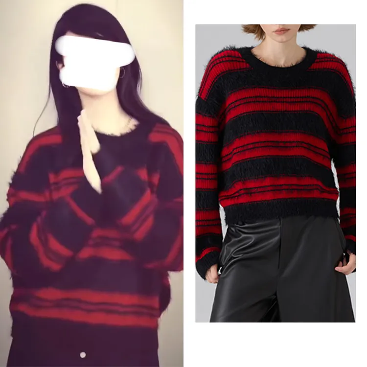 Miss Judy杨紫同款条纹撞色V领毛衣韩版宽松慵懒风减龄针织上衣女