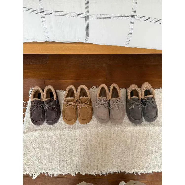 保暖加厚棕色厚底圆头乐福鞋真皮女鞋单鞋时尚加防滑冬季毛毛鞋