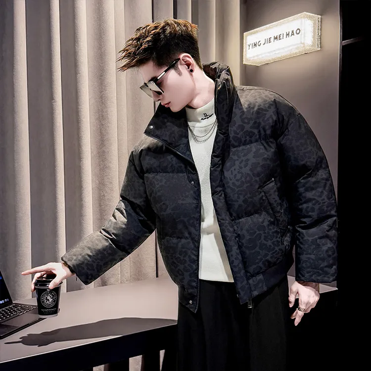 美式黑色豹纹棉服男冬季加厚立领面包服2025新款痞帅潮流棉衣外套
