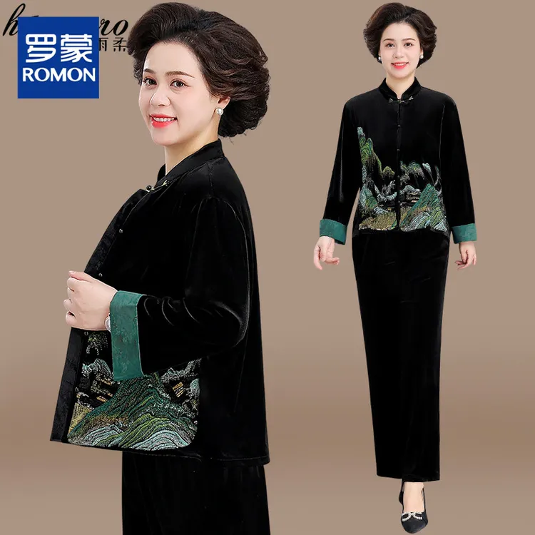妈妈秋装2025新款国风金丝绒套装洋气中老年春秋外套新中式上衣女