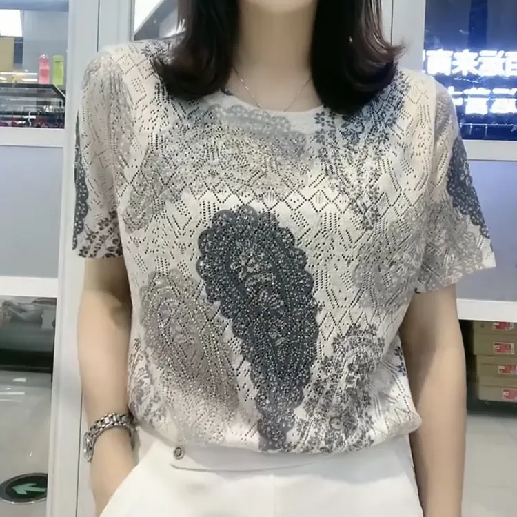 夏新款高档女装遮肉宽松外穿显瘦ins圆领洋气冰丝女士t恤精美衫