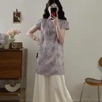 无印心匠K1784 中国风新中式文艺中长款上衣女装显瘦短袖  A163-1