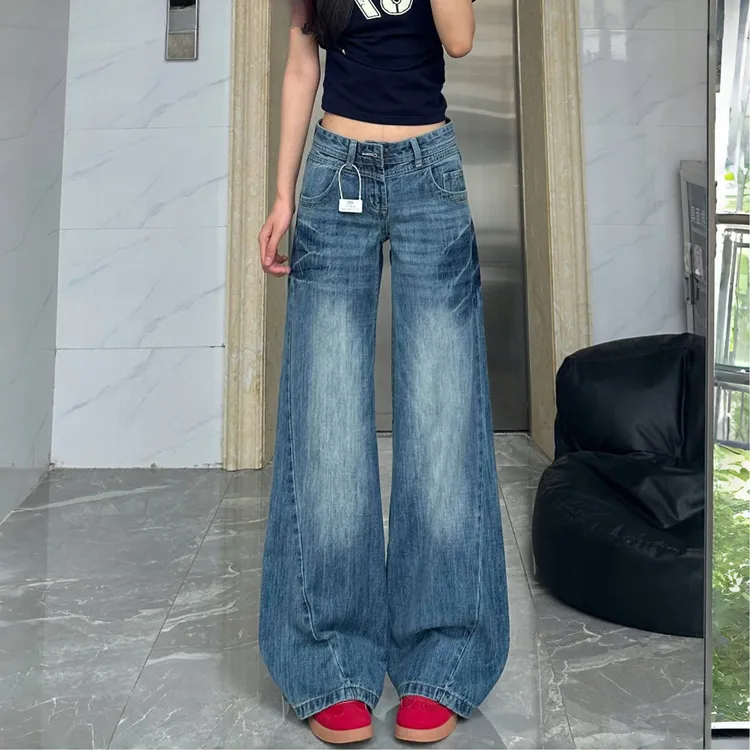 美式复古辣妹水洗弯刀牛仔裤女春秋高街宽松休闲显瘦垂感弯刀裤子