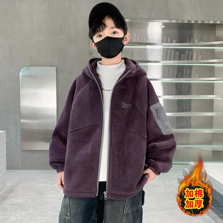 男童奥利绒外套春秋季夹棉短毛上衣2025新款中大儿童连帽毛毛衣潮