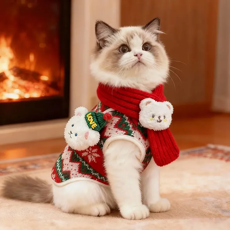 小猫咪衣服圣诞小熊马甲秋冬装布偶银渐层无毛猫针织背心狗狗保暖