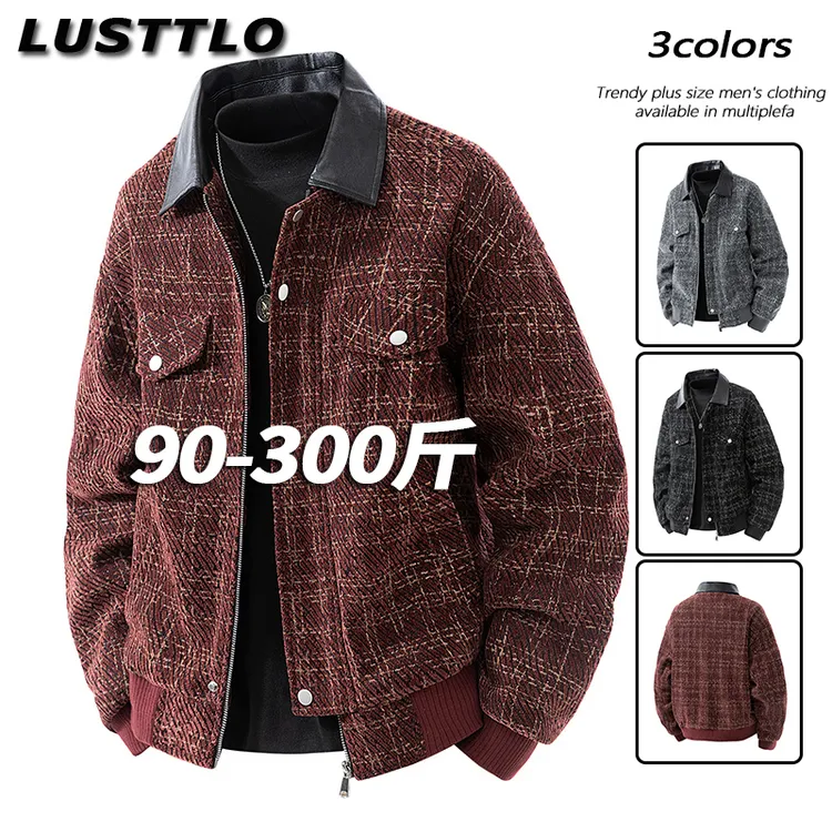 男士大码翻领夹克春秋季新款斜纹宽松休闲痞帅千鸟格工装皮领外套