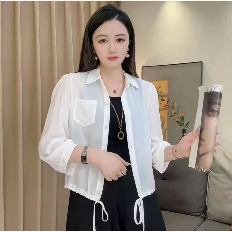 2025新款薄款衬衫抽绳短款防晒小衫宽松显瘦时尚百搭开衫女