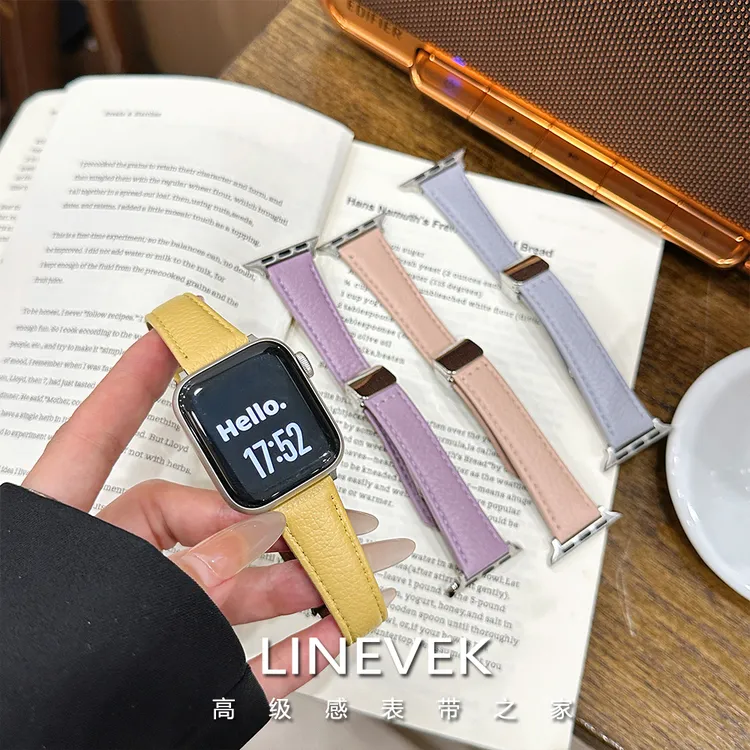 适用苹果手表带apple watch秋冬荔枝纹真皮s11/10磁吸9腕带iwatch