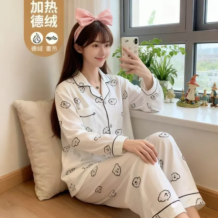 【秋冬德绒睡衣女】加绒双层保暖衣加厚抗寒宽松休闲可外穿家居服