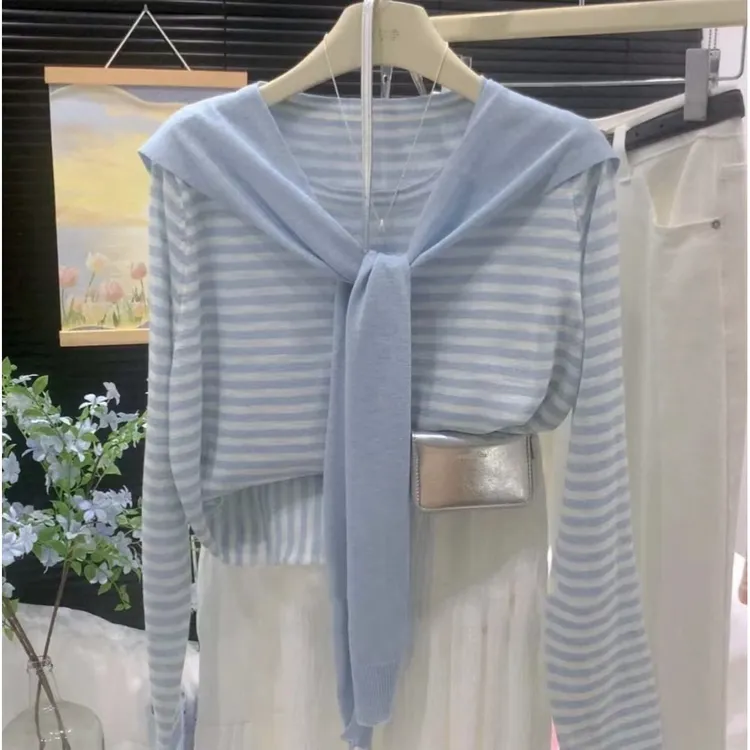 夏季套装女2025新款多巴胺穿搭一整套条纹防晒T恤针织条纹短袖女