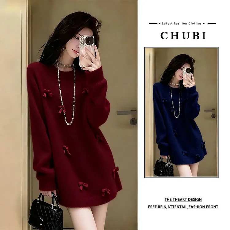 韩系立体花朵针织连衣裙女2025新款秋冬新款氛围感宽松直筒毛衣裙