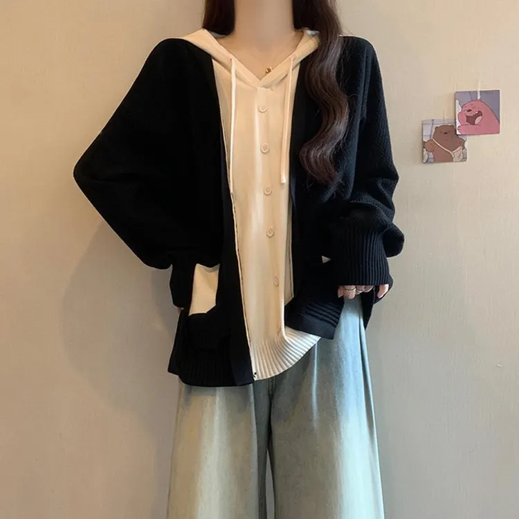 设计感假两件撞色连帽针织衫女秋冬爆款胖mm显瘦宽松慵懒毛衣外套