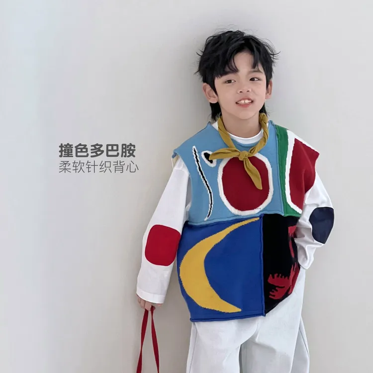 【蓝兔】秋季复古拼色男童针织背心儿童洋气韩版撞色5086239O1