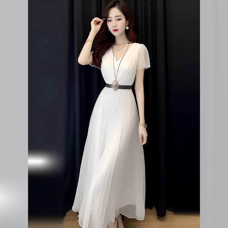 2025夏季新款女装时尚穿搭白色雪纺连衣裙气质名媛高级感仙女显瘦