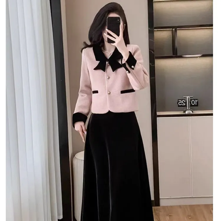 胖妹妹蝴蝶结小香风套装秋冬新款高端气质外套半身长裙两件套1666