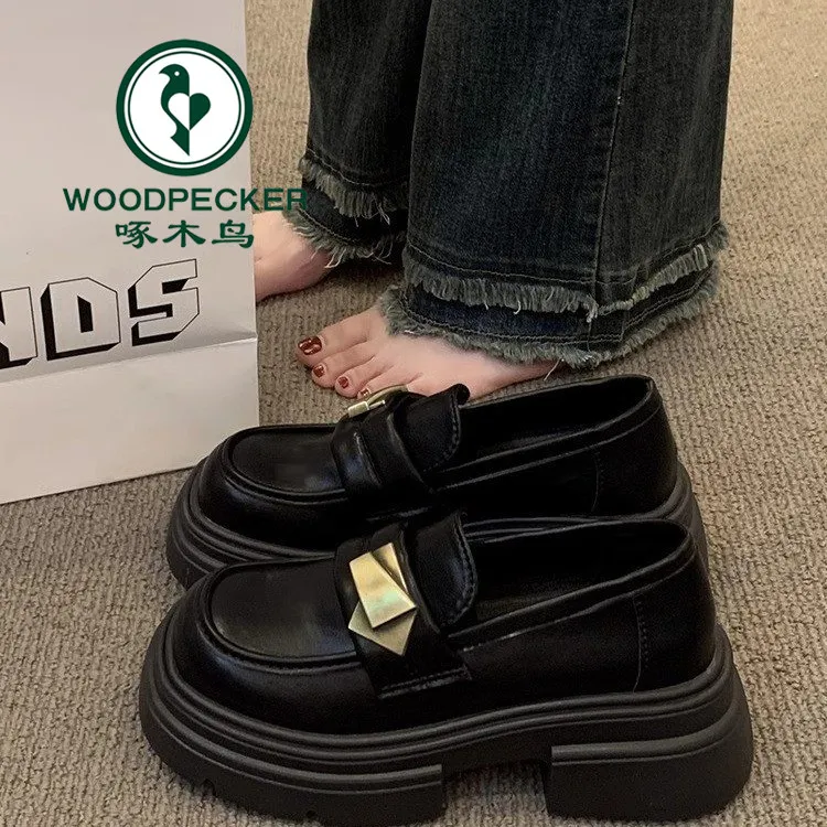 啄木鸟英伦风厚底小皮鞋女款单鞋2025新款春秋一脚蹬玛丽珍乐福鞋