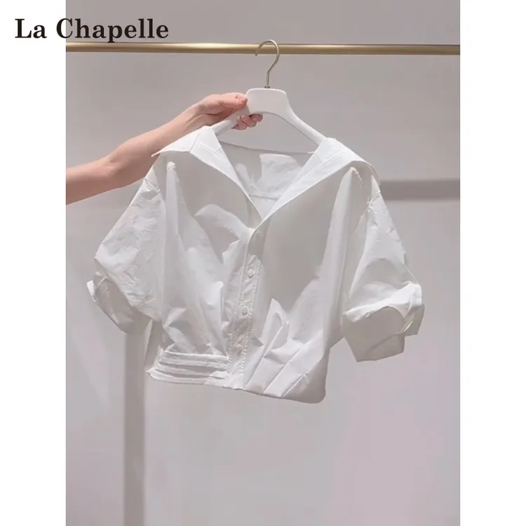 拉夏贝尔白色翻领泡泡袖衬衫女夏薄款超好看慵懒风宽松短款小上衣
