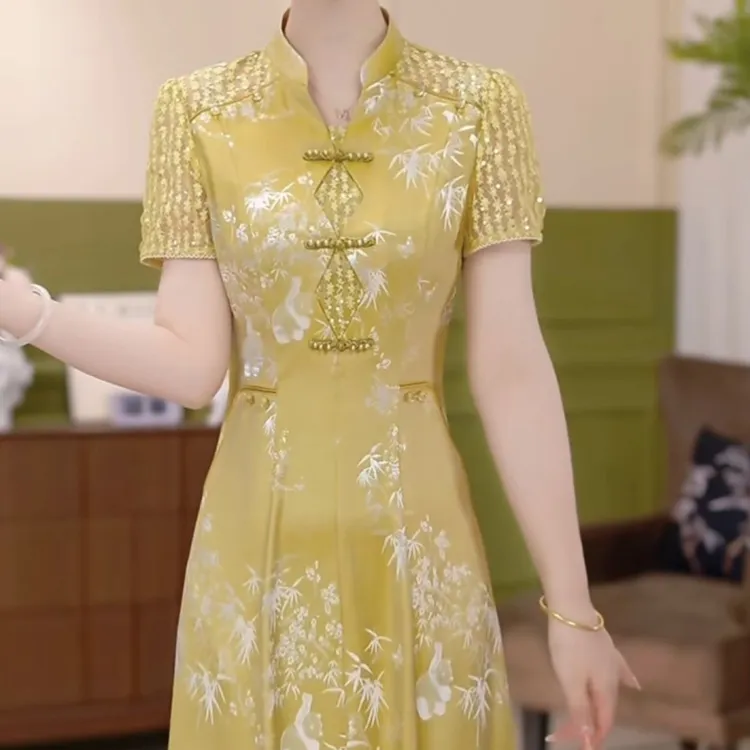 香云缎新中式改良版旗袍气质连衣裙2025夏季新款时尚遮肉显瘦裙子