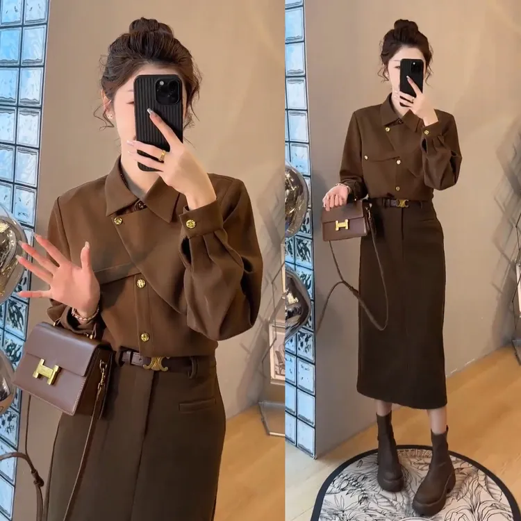秋冬不对称设计衬衫轻奢优雅翻领长袖+中高腰H型毛呢后开衩半身裙