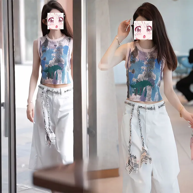 短款时尚涂鸦圆领无袖背心夏季绝美高级感穿搭百搭宽松中裤子套装