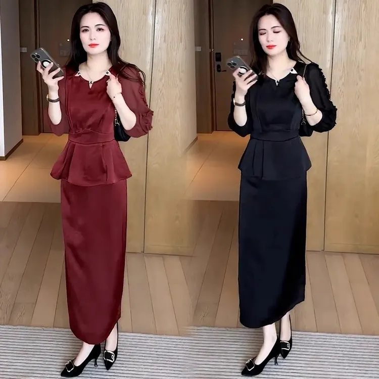 时尚连衣裙套装女2025夏季洋气显瘦减龄七分袖上衣半身裙两件套