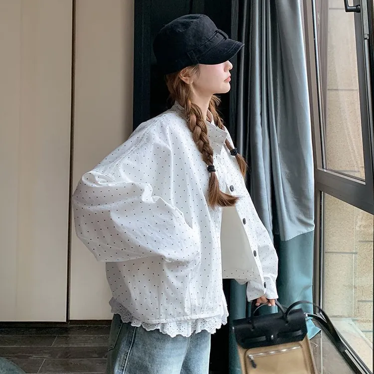 米白色韩版休闲设计感波点外套女短款2025初春新款小个子减龄夹克