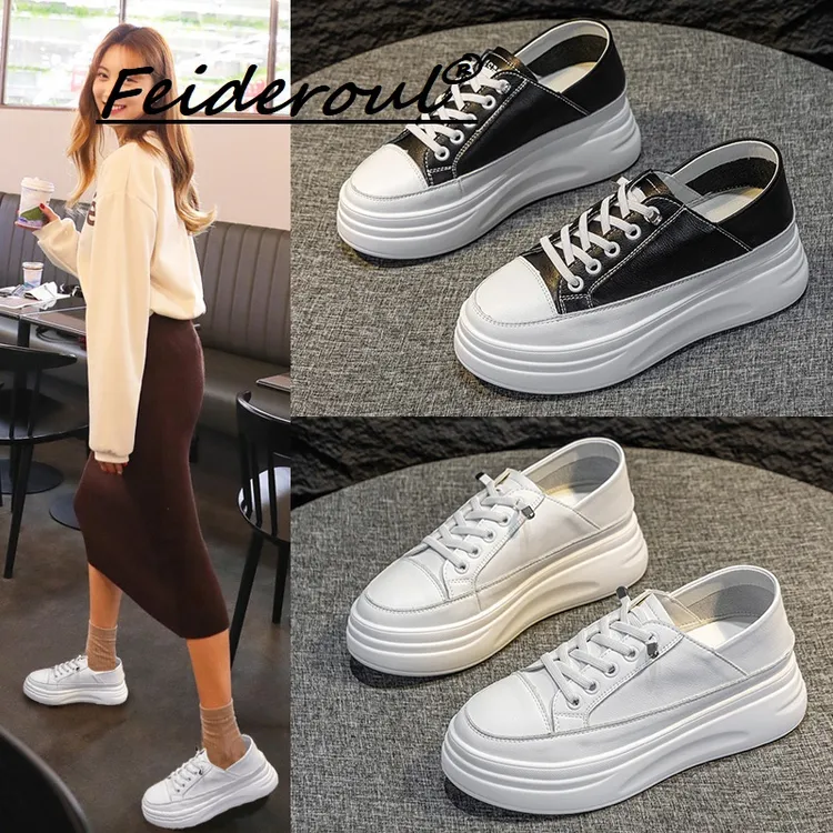 Feideroul内增高小白鞋2025薄款透气轻便真皮板鞋松糕底两穿单鞋